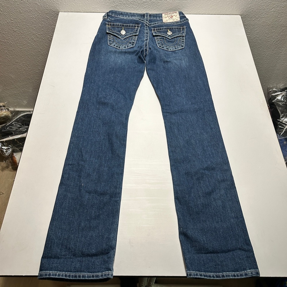 True Religion Billie Mid Rise Straight Leg Jeans Blue Contrast Stitch Size 25